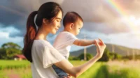 seorang ibu sedang menggedong anaknya
