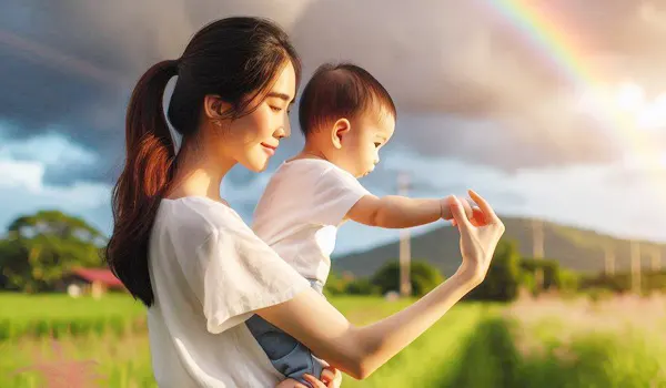 seorang ibu sedang menggedong anaknya