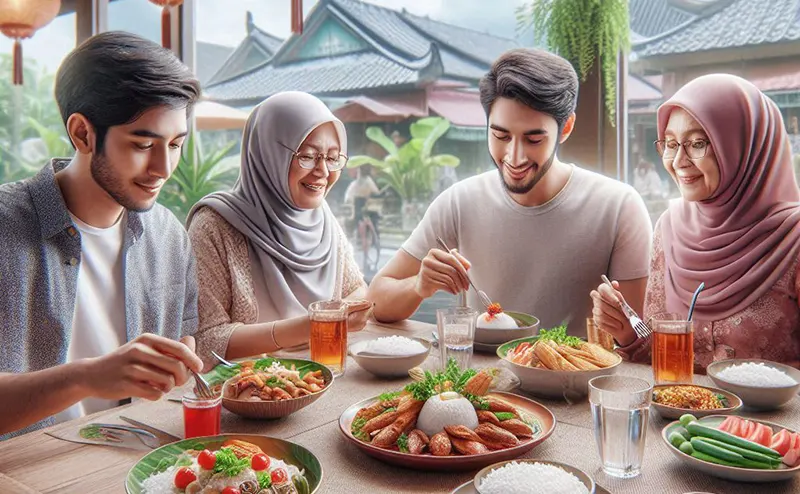 4 orang sedang makan di rumah makan 4 orang sedang makan di rumah makan