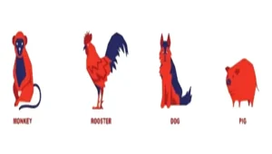 shio monyet, ayam jantan, anjing dan babi