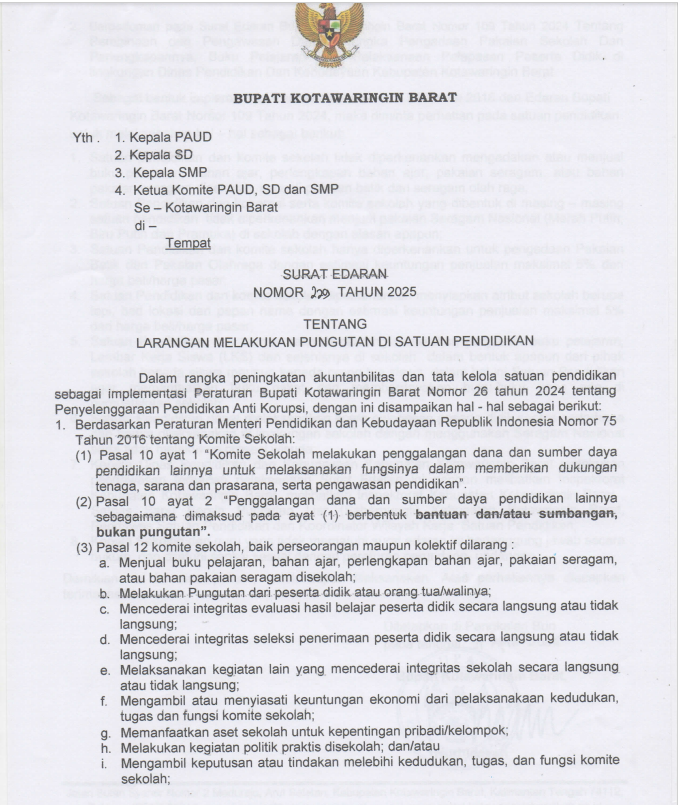 surat edaran bupati kobar tentang larangan pungutan di sekolah