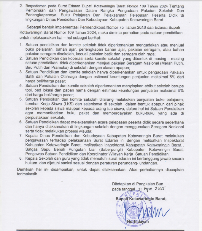 surat edaran bupati kobar tentang larangan pungutan di sekolah